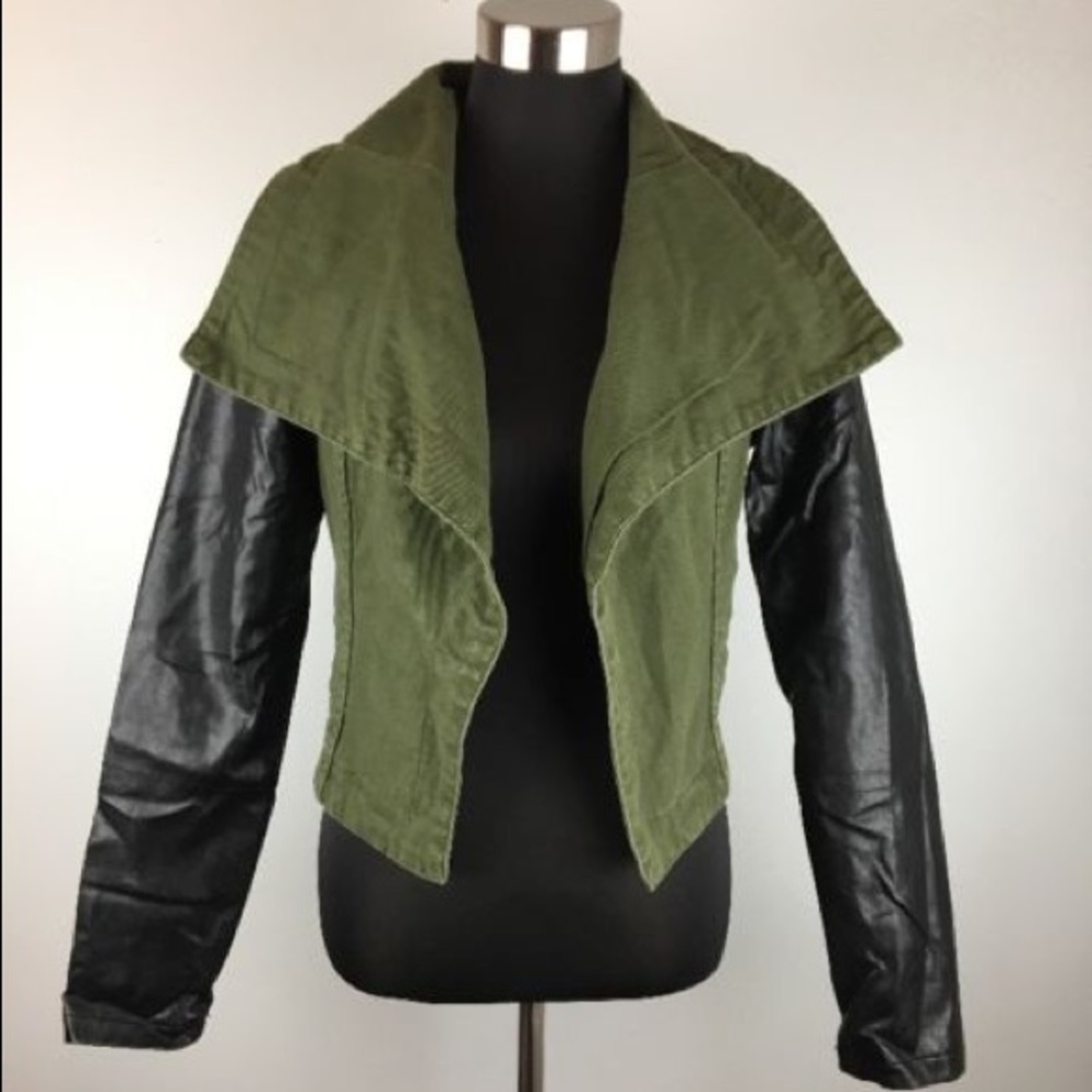 Olive Green Denim Jacket w/ Faux Leather Sleeves